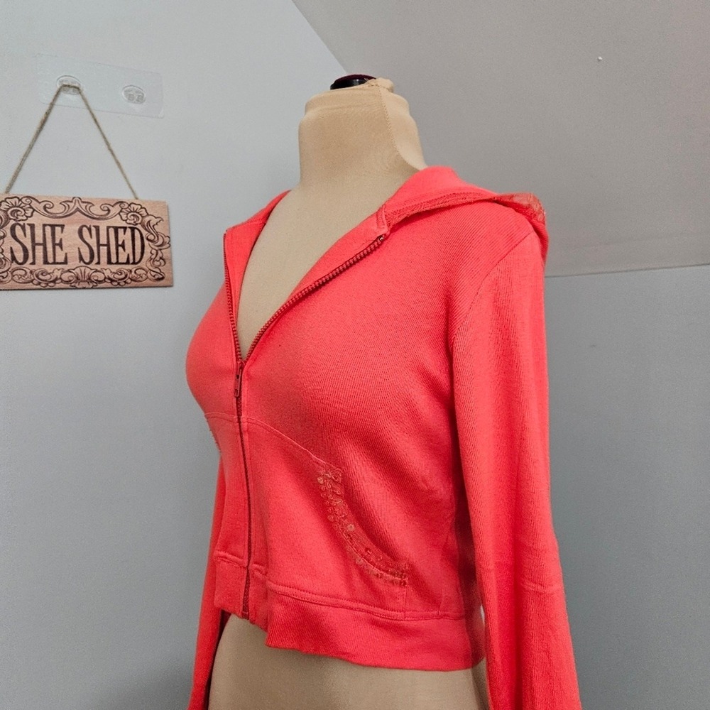 Haven Bleu Coral Zip Front Hoodie Medium Sequined Mesh Jacket Cropped Fit - Picture 6 of 16